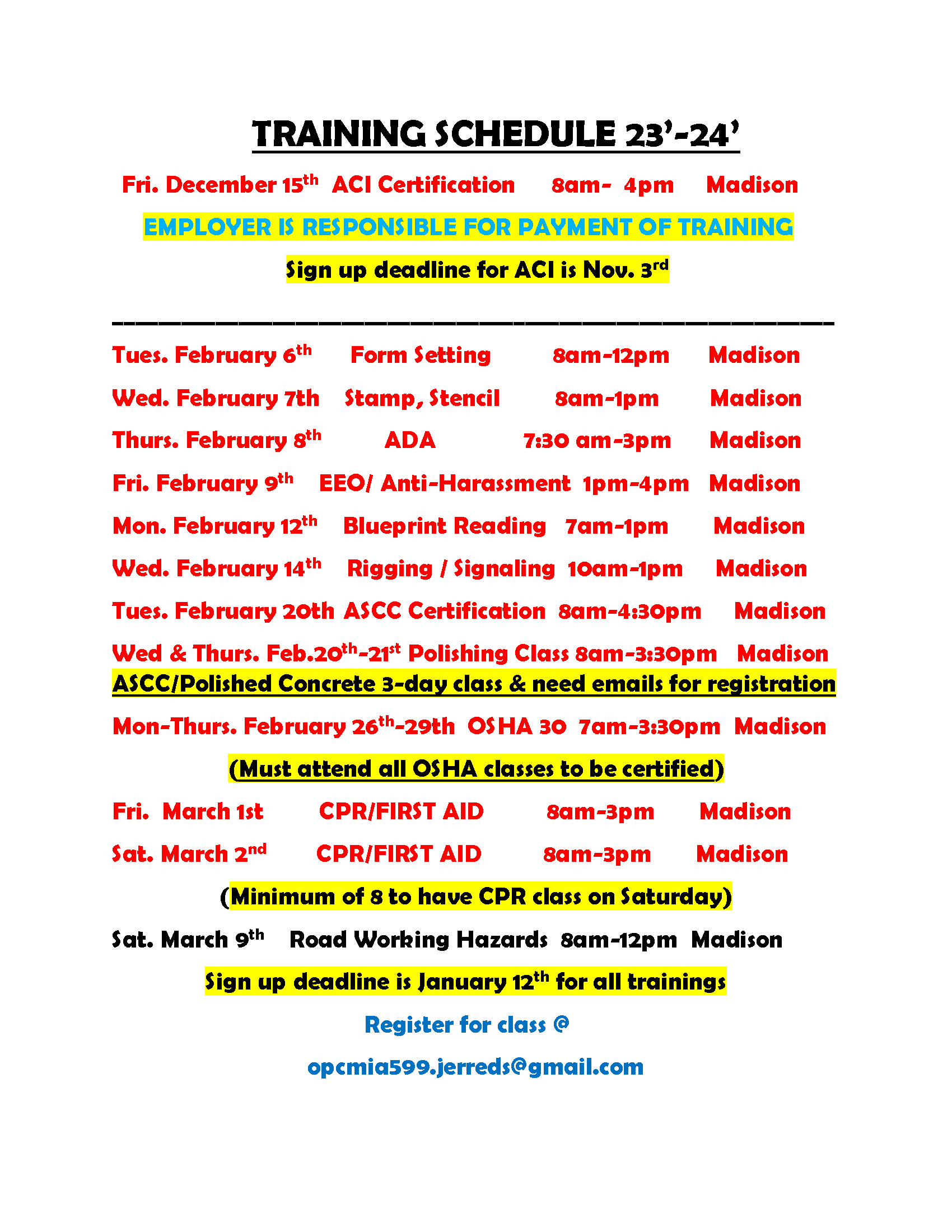 OPCMIA Local 599 Training Schedule